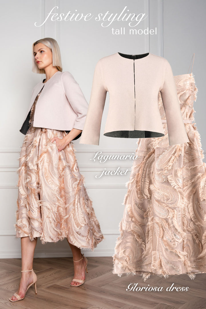 GLORIOSA BEIGE JACQUARD SPAGHETTI STRAP COCKTAIL DRESS