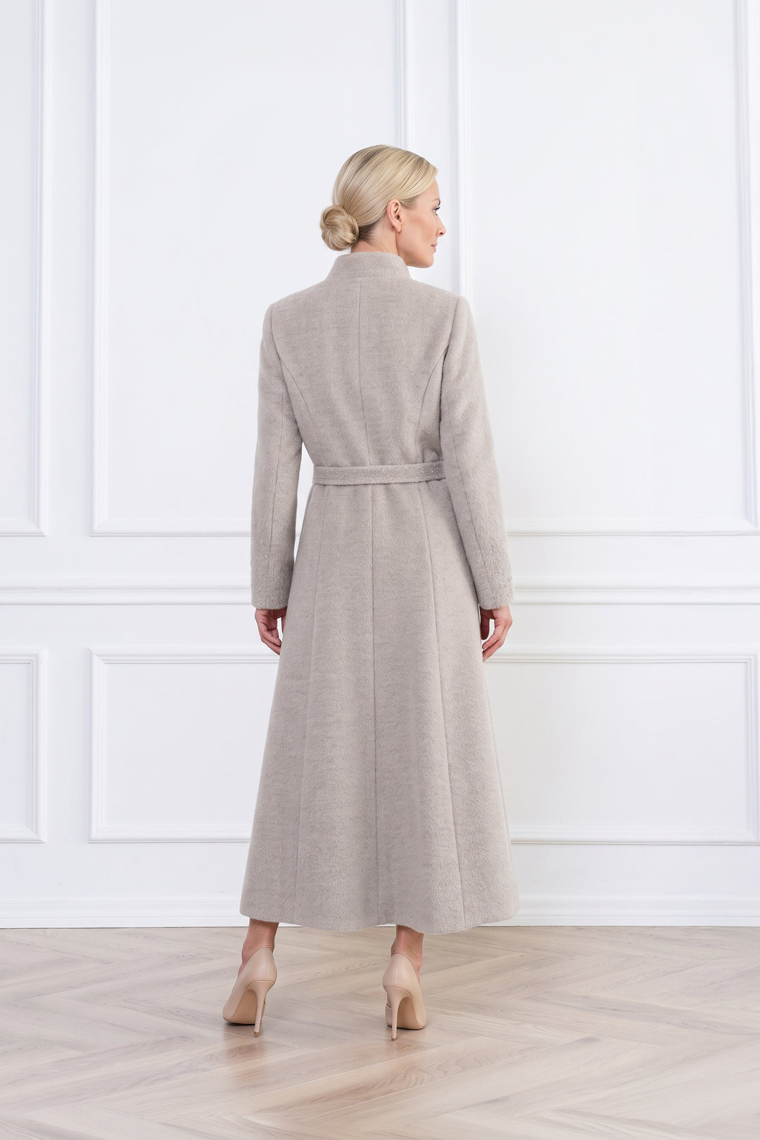 WRIGHTIA PALE BEIGE ALPACA WOOL BLEND COAT WITH CRYSTAL EMBROIDERY