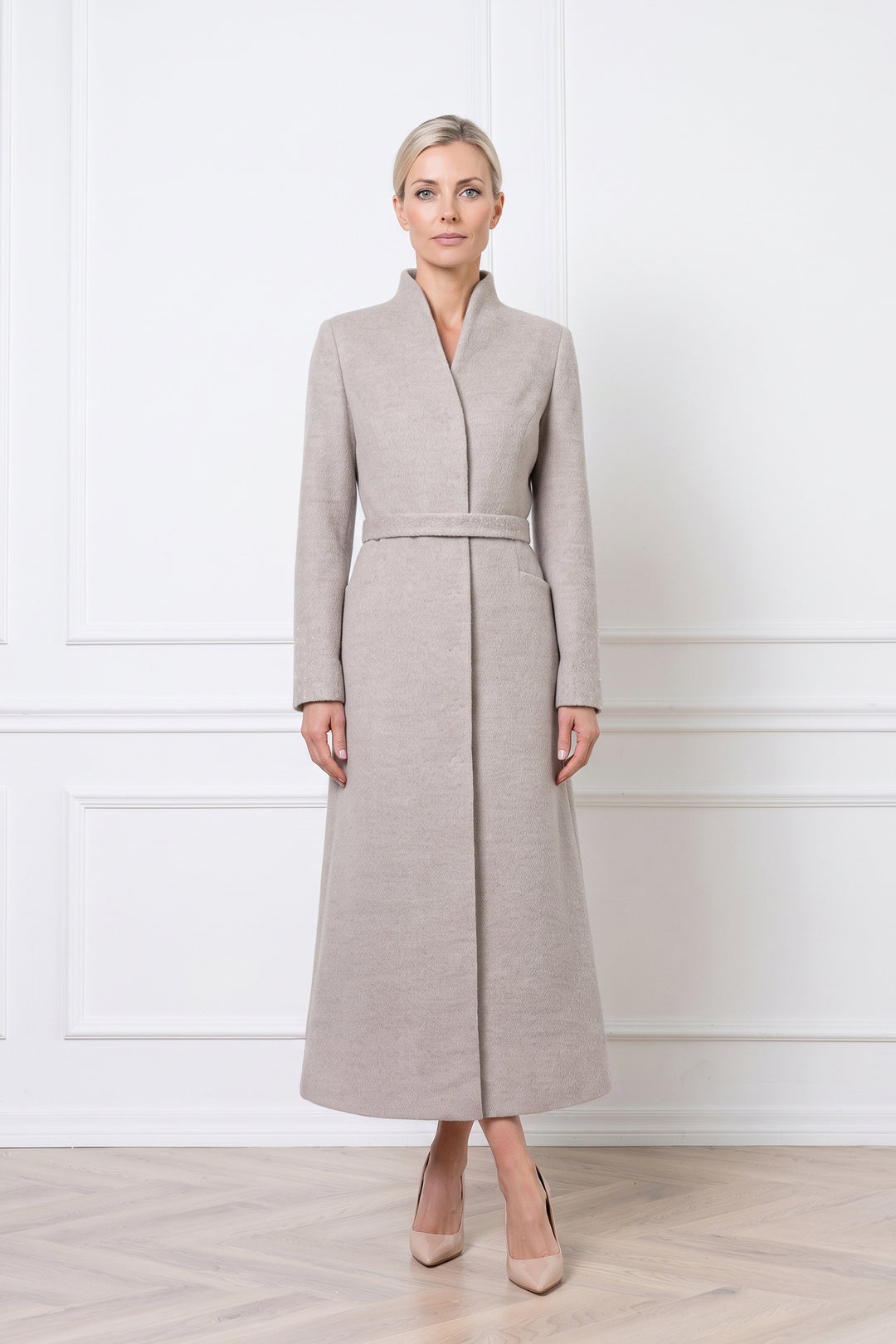 WRIGHTIA PALE BEIGE ALPACA WOOL BLEND COAT WITH CRYSTAL EMBROIDERY
