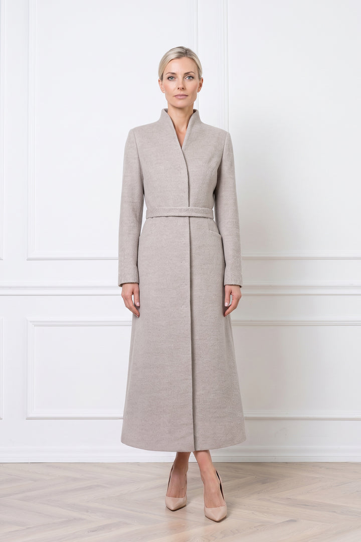 WRIGHTIA PALE BEIGE ALPACA WOOL BLEND COAT WITH CRYSTAL EMBROIDERY