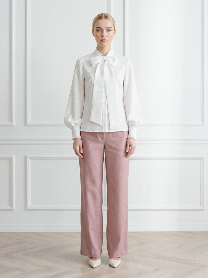 RHIPSALIS WHITE SILK JAQUARD NECK TIE BLOUSE