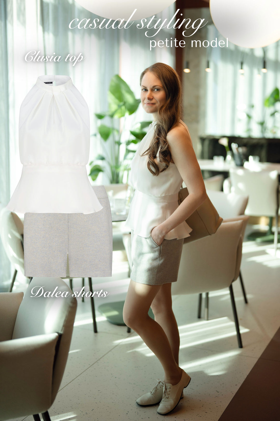 CLUSIA WHITE SILK HALTER NECK PEPLUM TOP WITH BOW DETAIL
