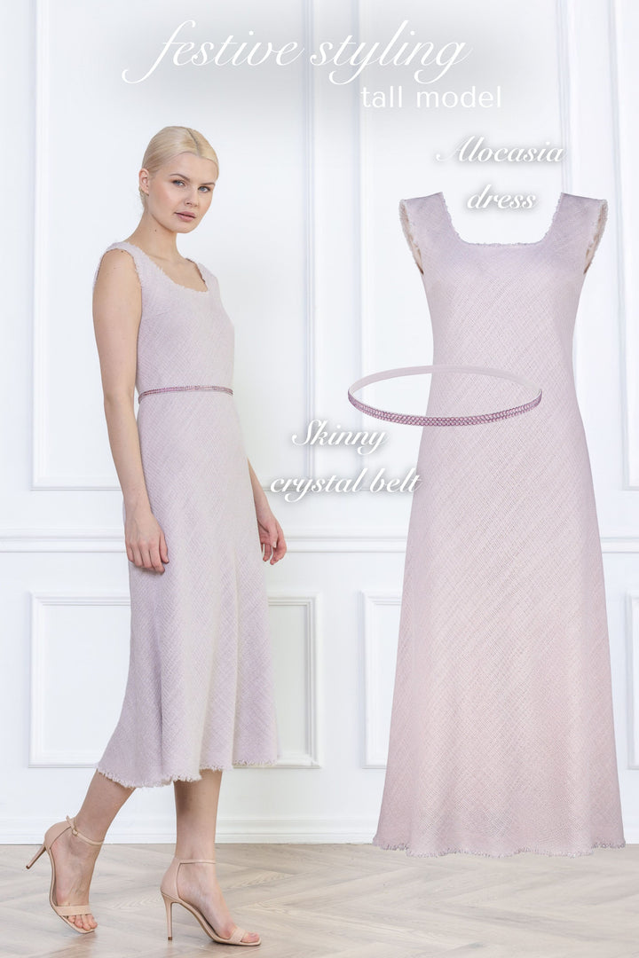 ALOCASIA PALE LAVENDER TEXTURED WOOL-SILK MIDI DRESS WITH FRINGE DETAILS