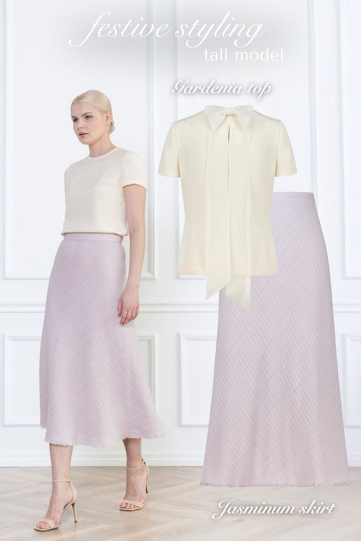 JASMINUM PALE LAVENDER TEXTURED WOOL-SILK MIDI SKIRT