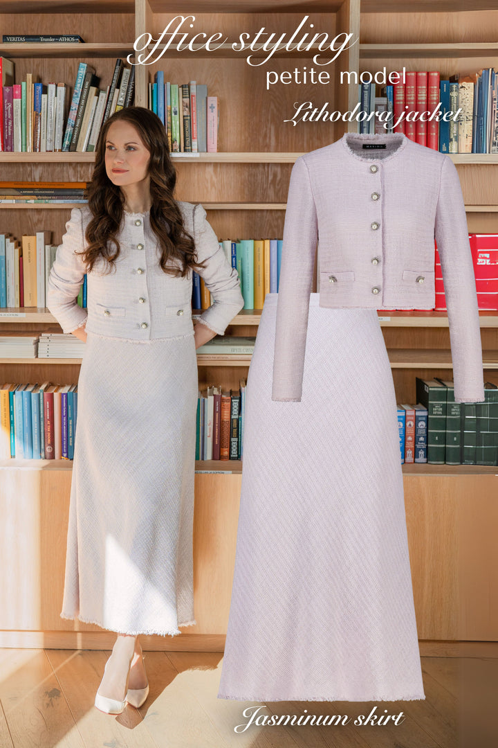 JASMINUM PALE LAVENDER TEXTURED WOOL-SILK MIDI SKIRT