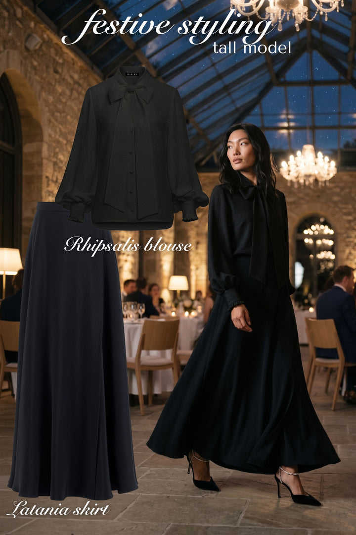 LATANIA BLACK SILK A-LINE MAXI SKIRT