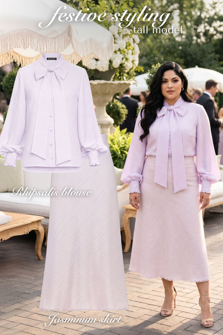 JASMINUM PALE LAVENDER TEXTURED WOOL-SILK MIDI SKIRT