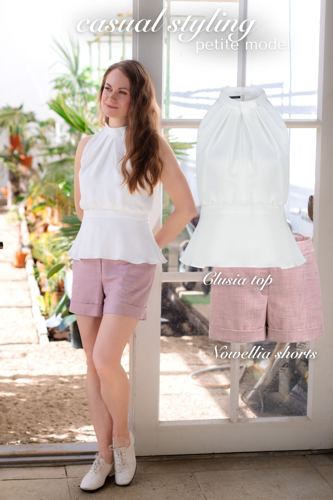 CLUSIA WHITE SILK HALTER NECK PEPLUM TOP WITH BOW DETAIL