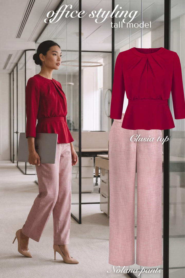 CLUSIA RED SILK PEPLUM TOP WITH DRAPED NECKLINE DETAIL