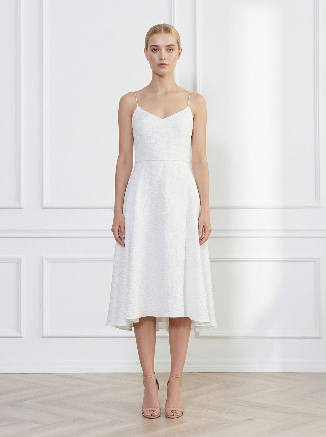 SENNA WHITE SILK JACQUARD SPAGHETTI STRAP DRESS
