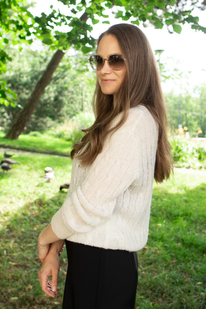 MEDEMIA STONE IVORY CABLE-KNIT ALPACA WOOL BLEND SWEATER