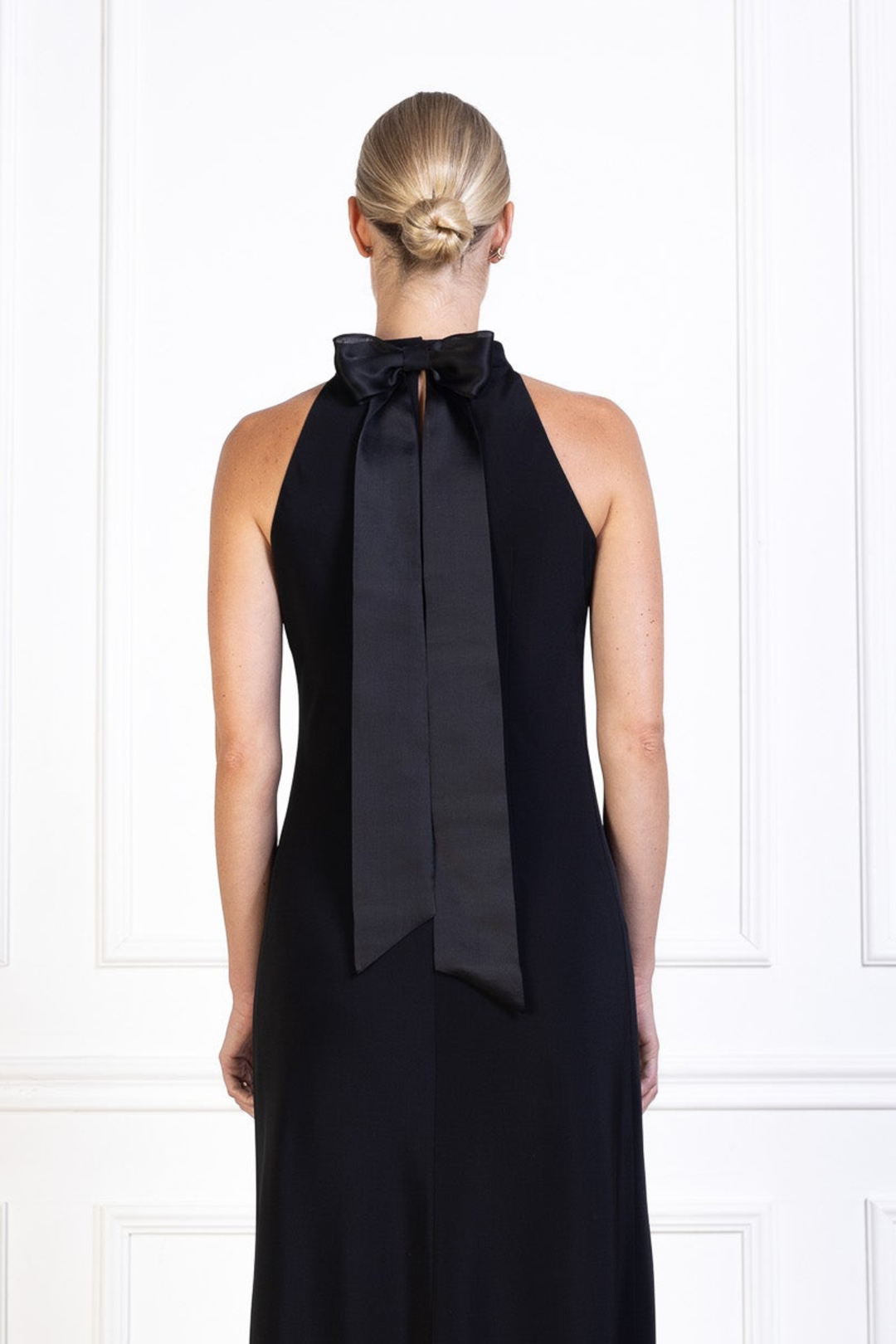 CLUSIANA BLACK SILK HALTER NECK MIDI DRESS WITH BOW DETAIL