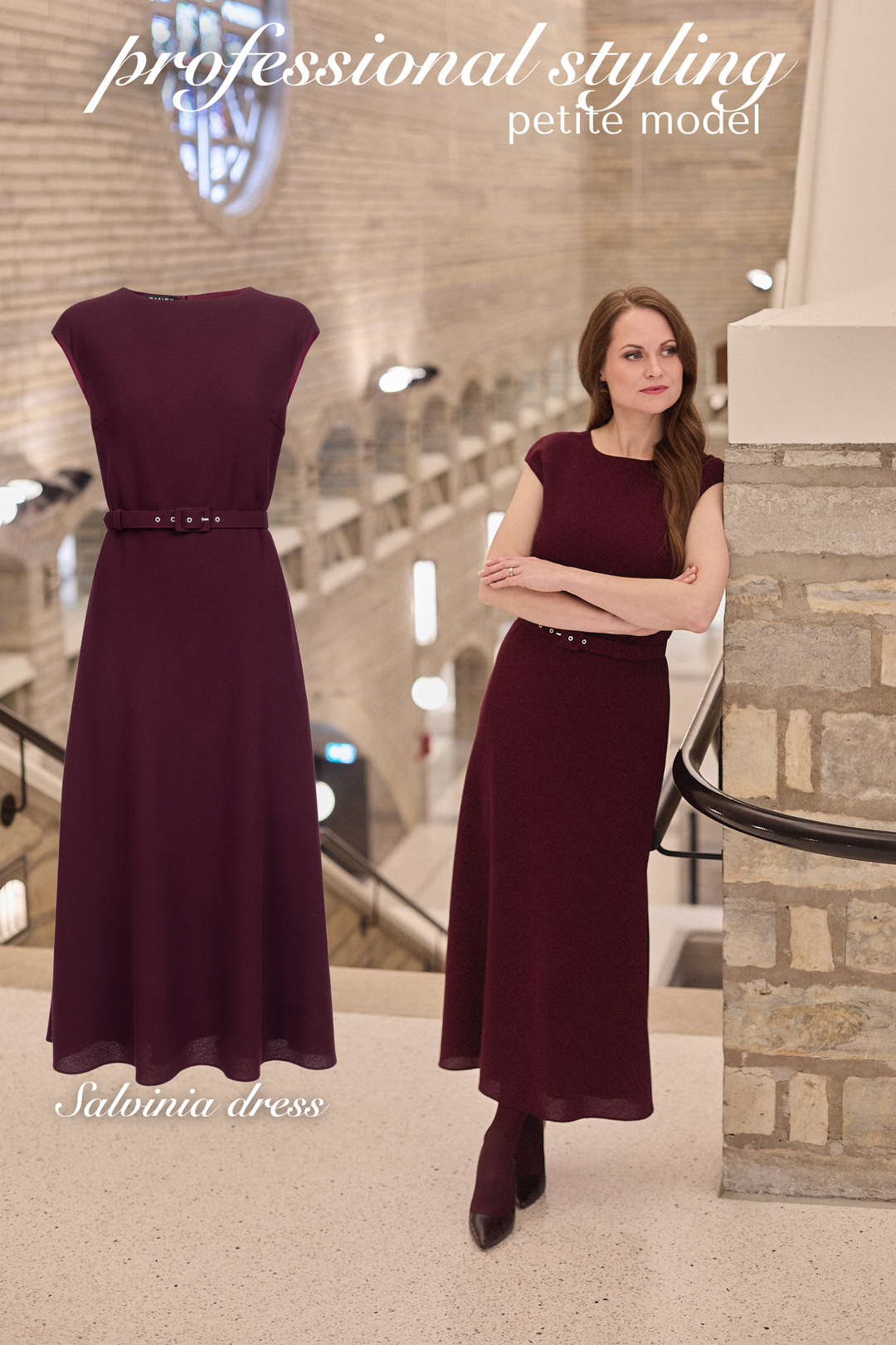 SALVINIA BURGUNDY WOOL CREPE MIDI DRESS WITH BELT