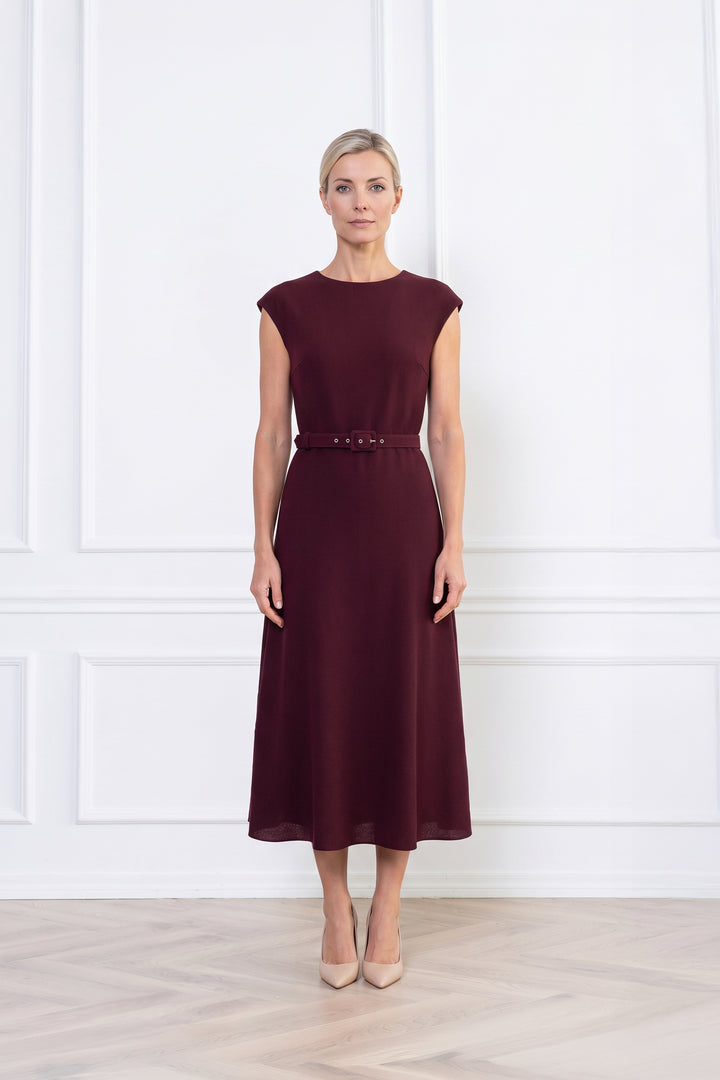 SALVINIA BURGUNDY WOOL CREPE MIDI DRESS WITH BELT