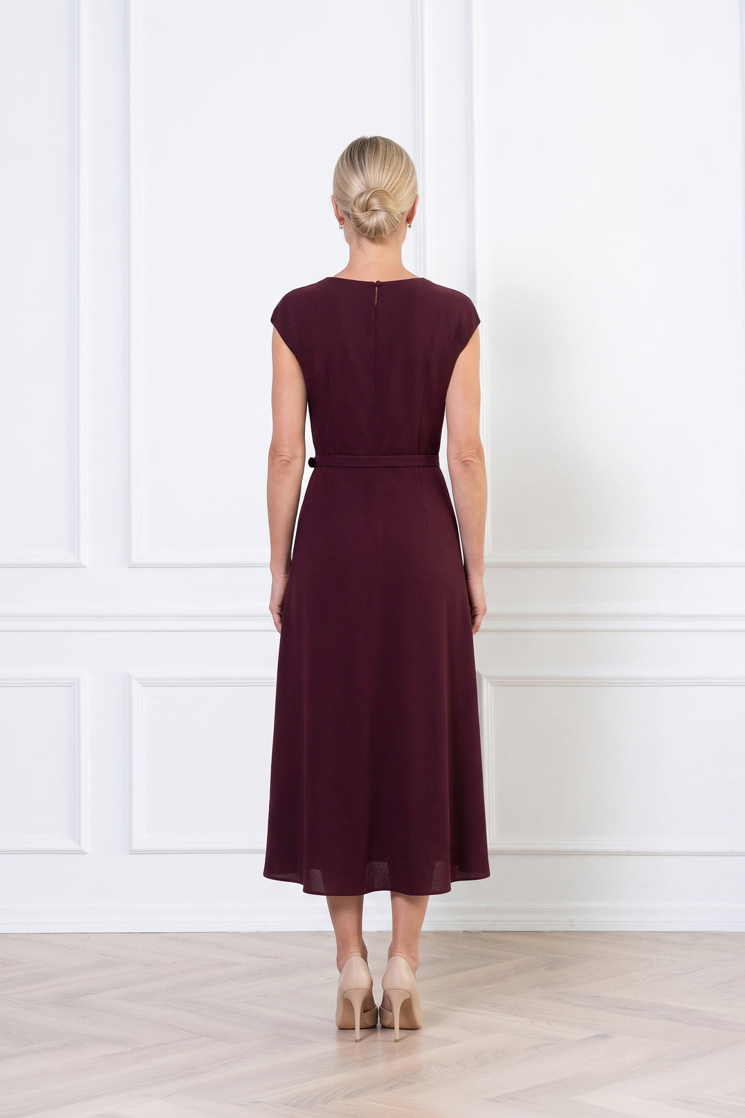 SALVINIA BURGUNDY WOOL CREPE MIDI DRESS WITH BELT