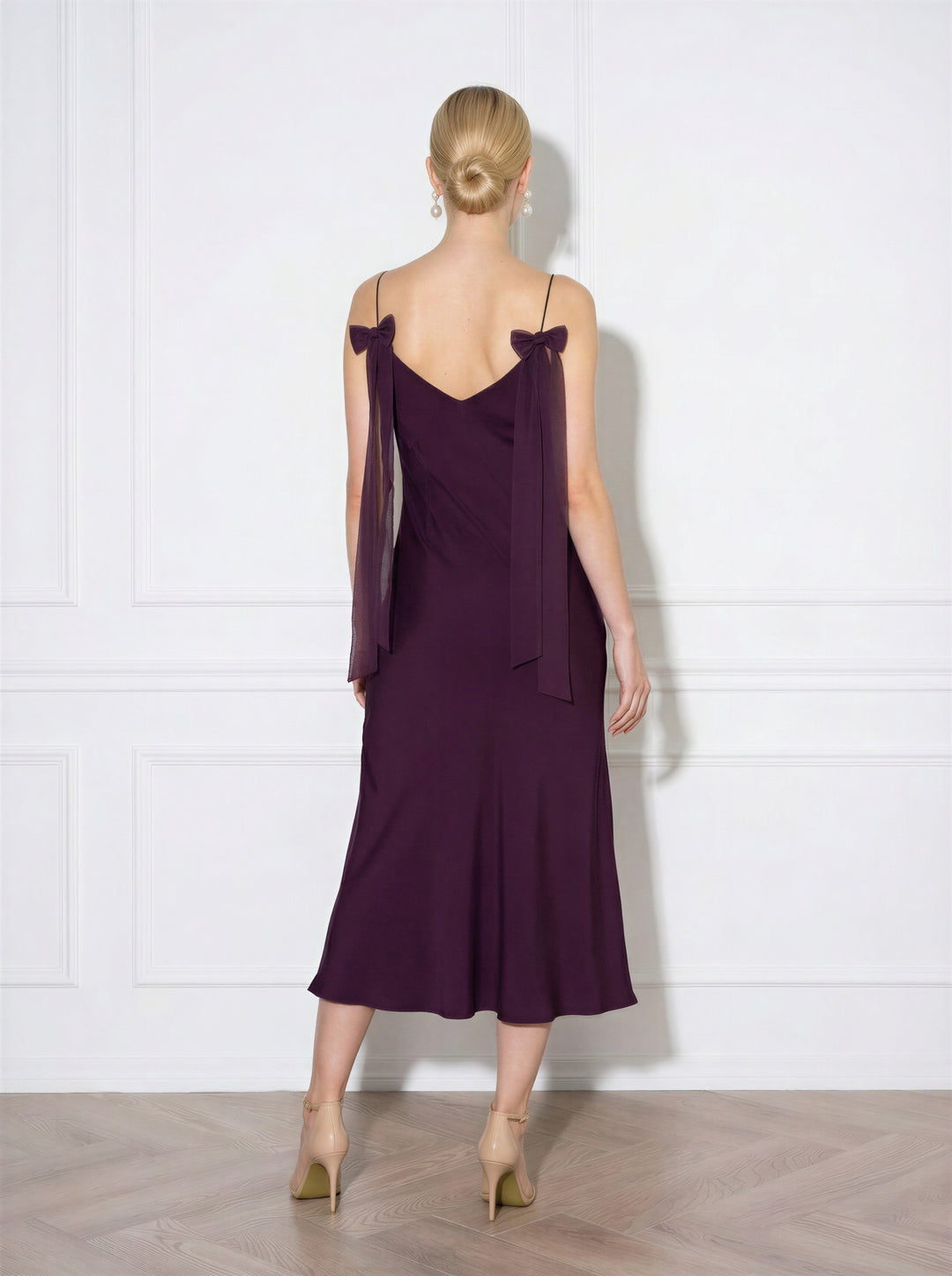 ARIA PLUM PURPLE SILK SLIP DRESS WITH BOW DETAILS