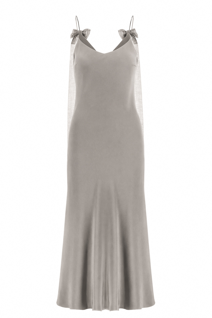 ARIA GRAY SILK SLIP DRESS WITH BOW DETAILS