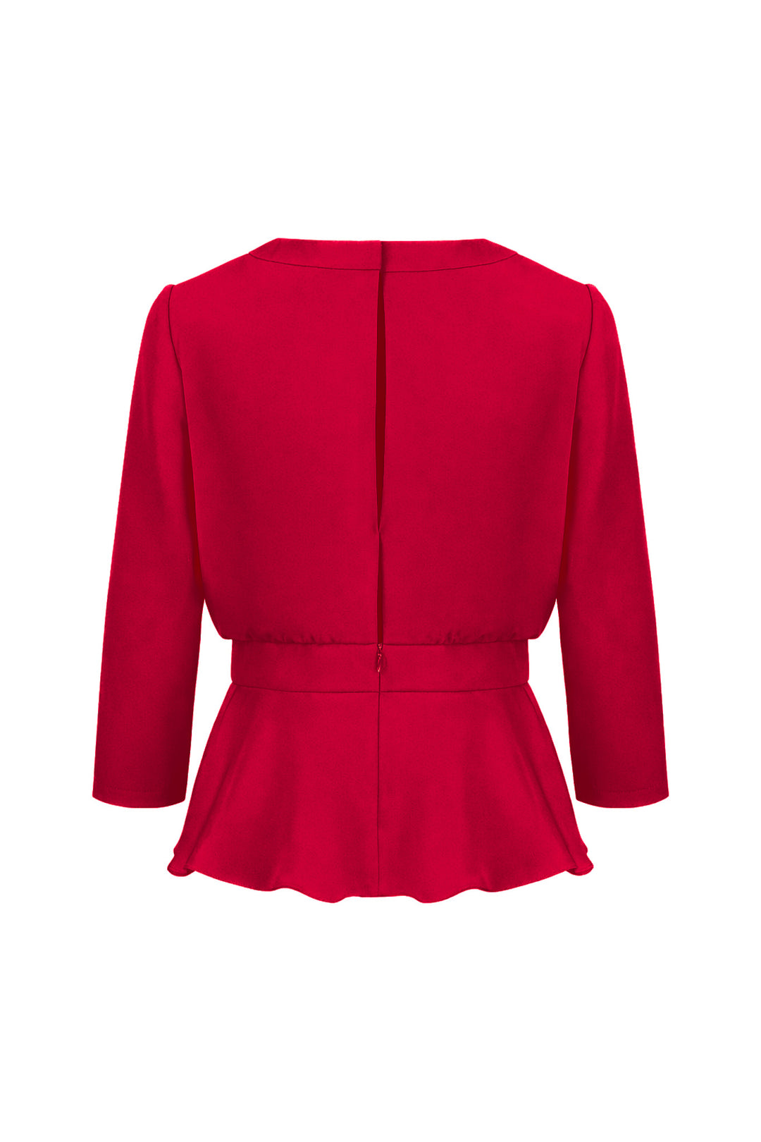 CLUSIA RED SILK PEPLUM TOP WITH DRAPED NECKLINE DETAIL