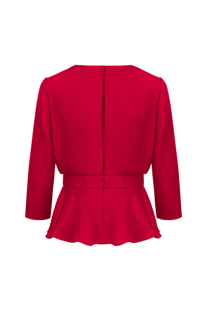 CLUSIA RED SILK PEPLUM TOP WITH DRAPED NECKLINE DETAIL
