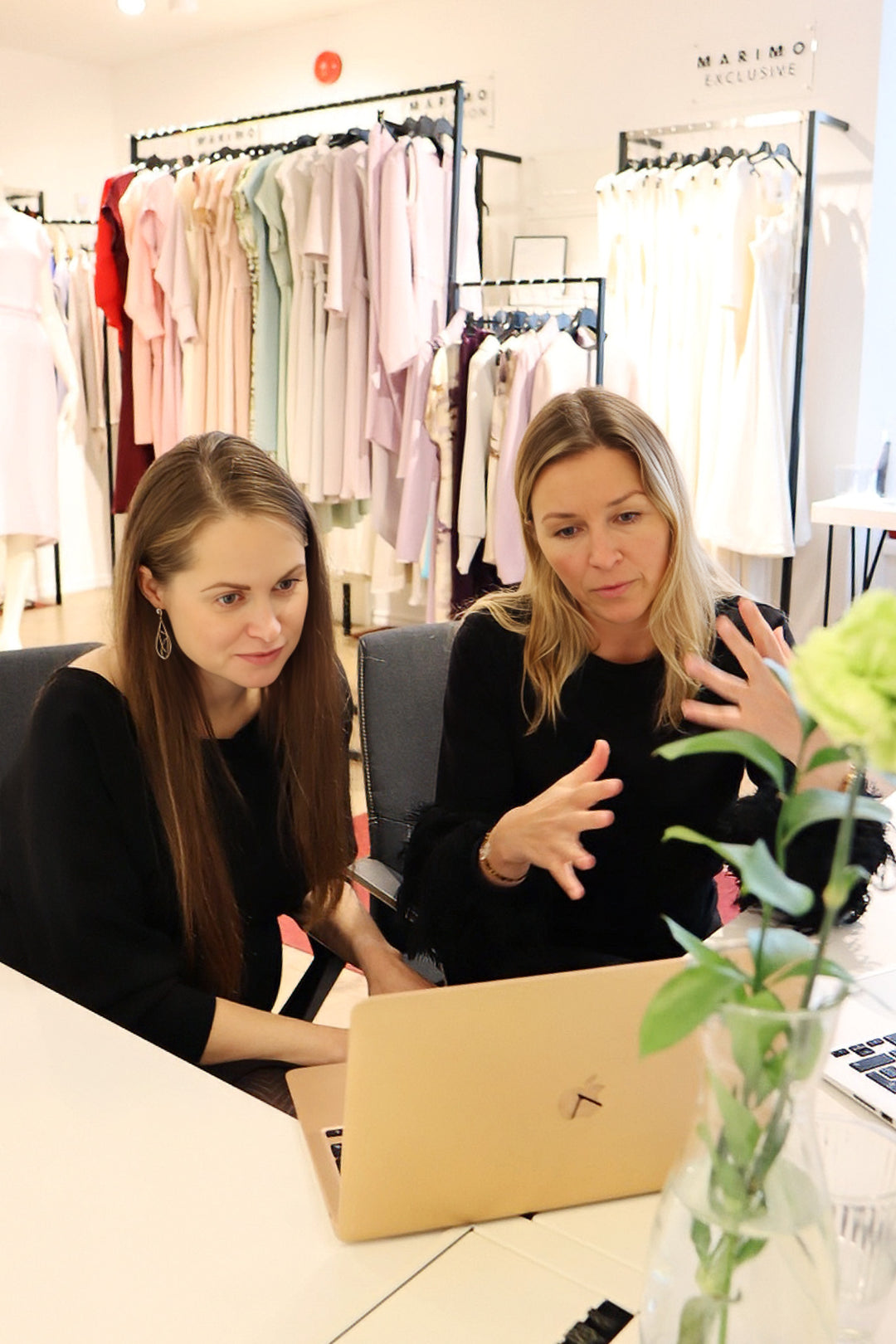 Two women looking at a laptop in a clothing store.