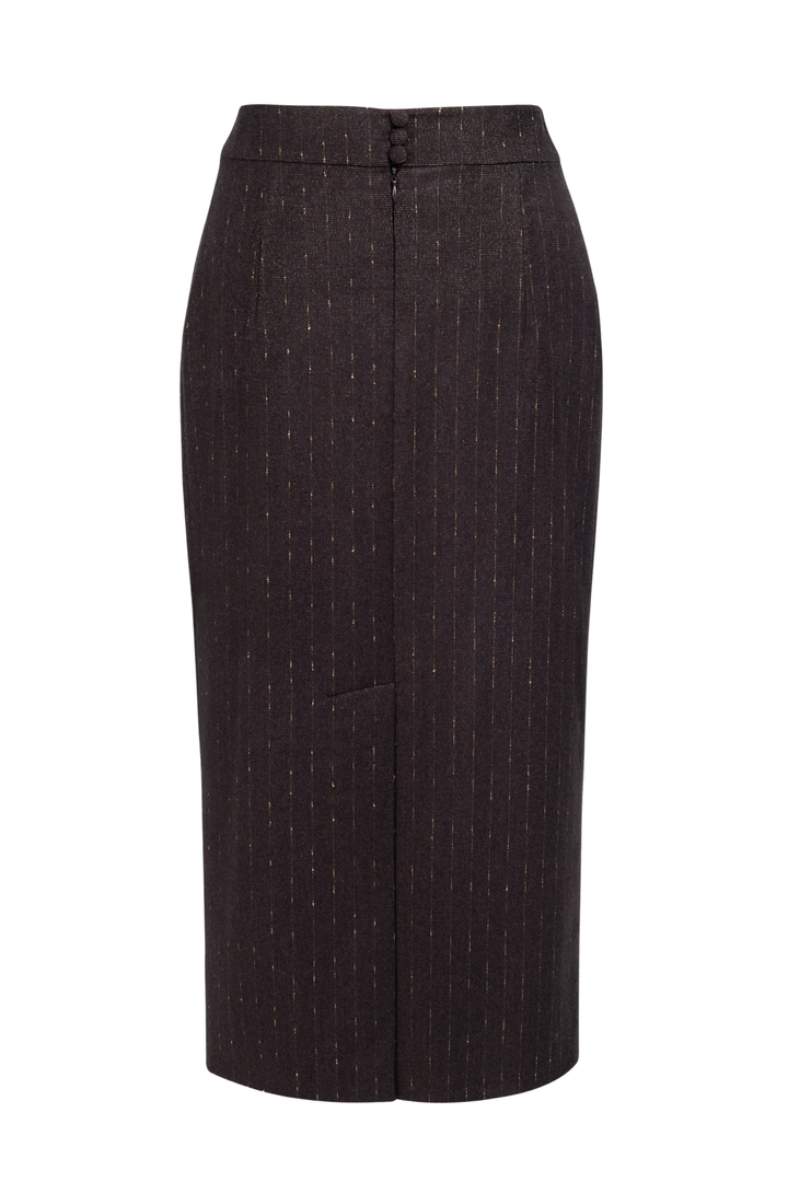 LAGETTA CHOCOLATE BROWN PINSTRIPE WOOL MIDI PENCIL SKIRT