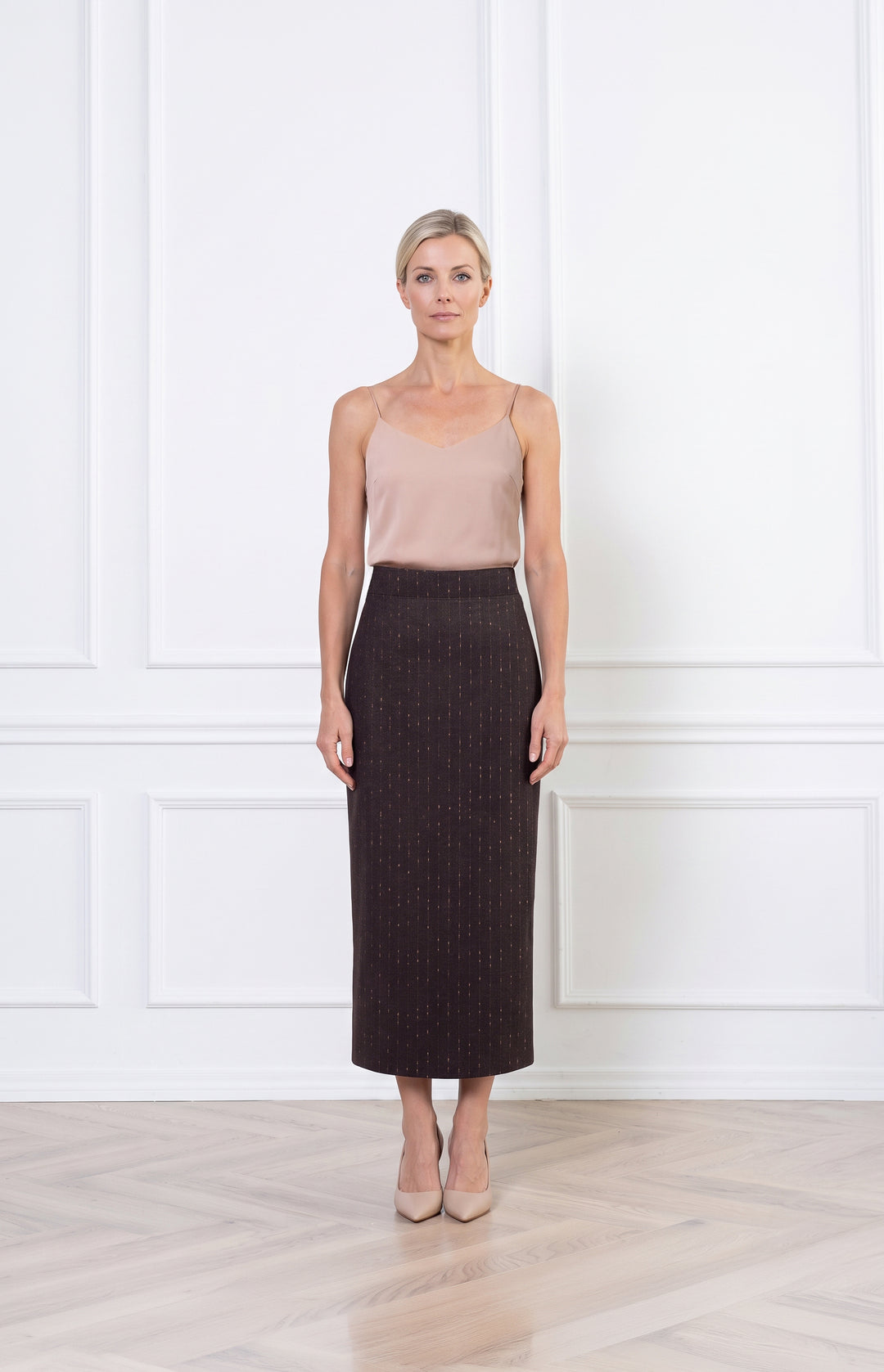 LAGETTA CHOCOLATE BROWN PINSTRIPE WOOL MIDI PENCIL SKIRT
