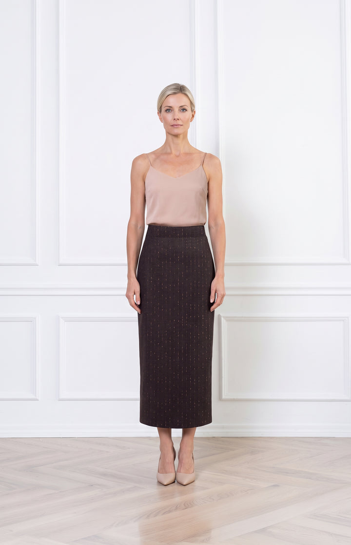 LAGETTA CHOCOLATE BROWN PINSTRIPE WOOL MIDI PENCIL SKIRT