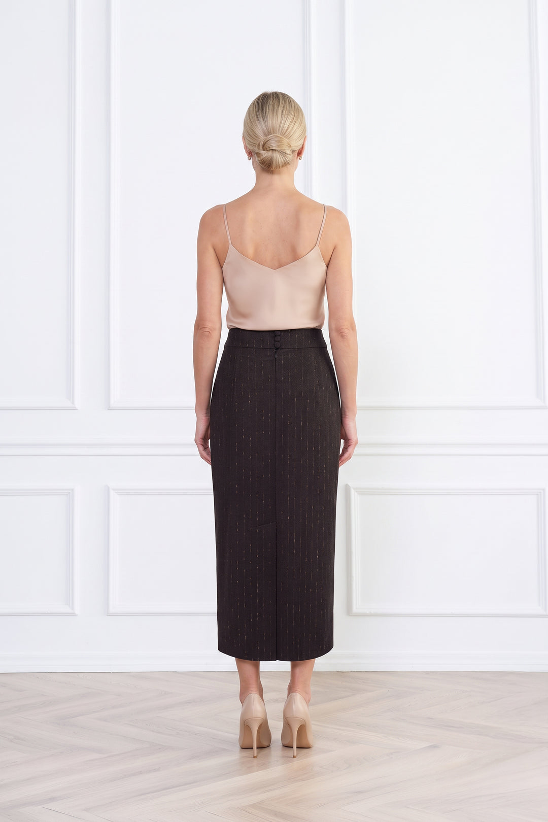 LAGETTA CHOCOLATE BROWN PINSTRIPE WOOL MIDI PENCIL SKIRT
