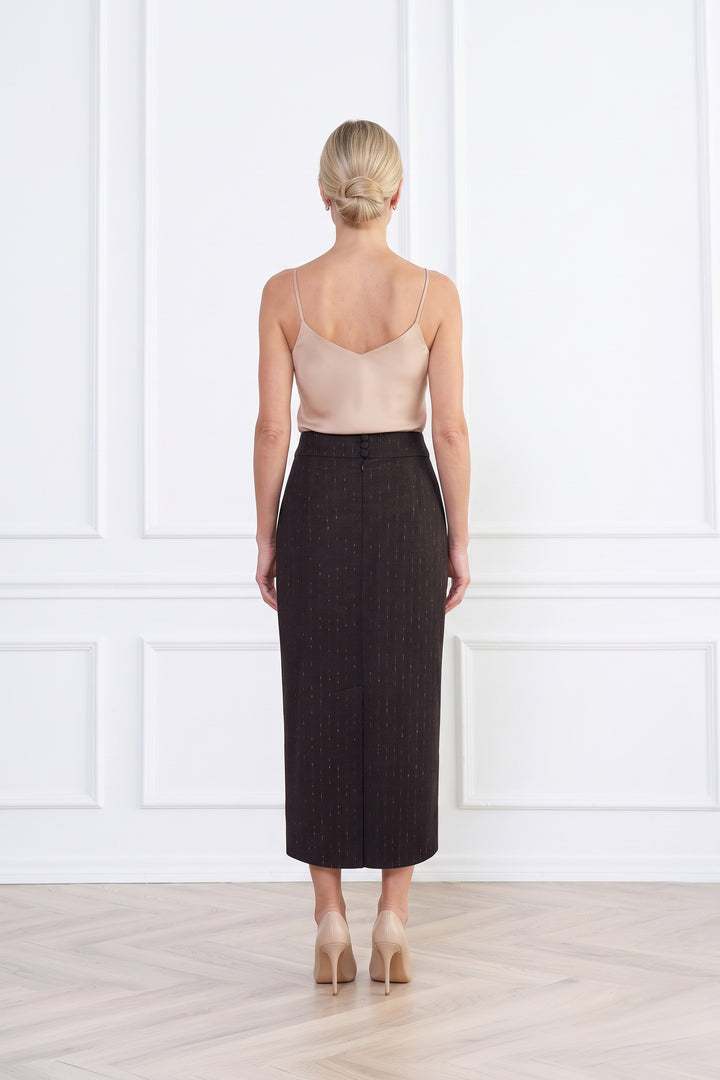 LAGETTA CHOCOLATE BROWN PINSTRIPE WOOL MIDI PENCIL SKIRT