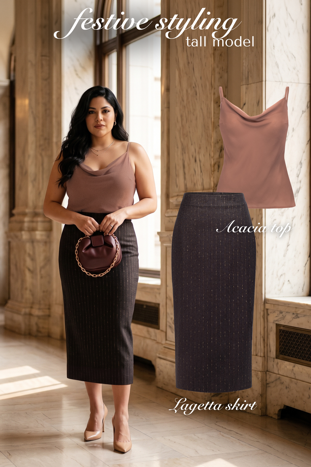 ACACIA ROSE BROWN COWL NECK SILK TOP