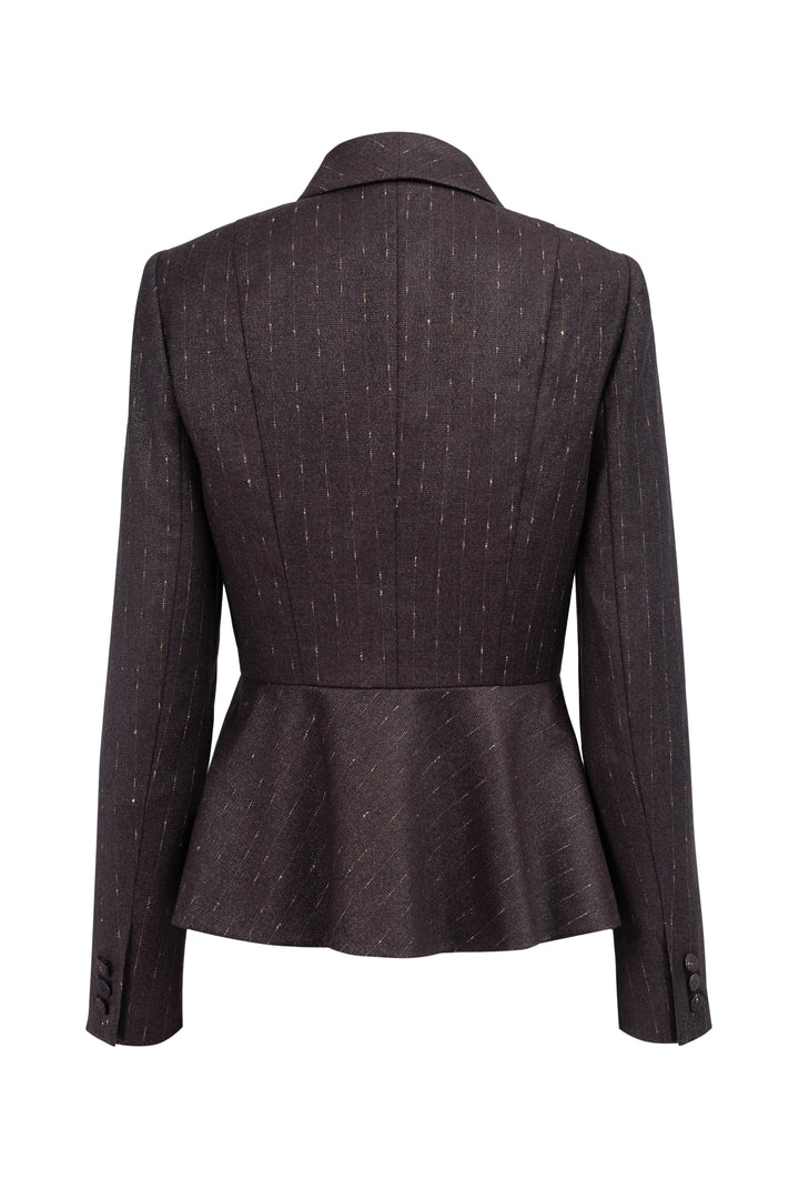 MAGNOLIA CHOCOLATE BROWN PINSTRIPE WOOL PEPLUM JACKET WITH BELT
