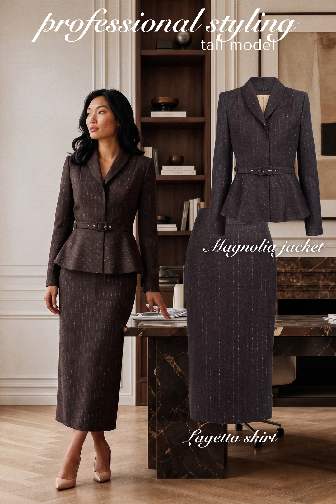 MAGNOLIA CHOCOLATE BROWN PINSTRIPE WOOL PEPLUM JACKET WITH BELT