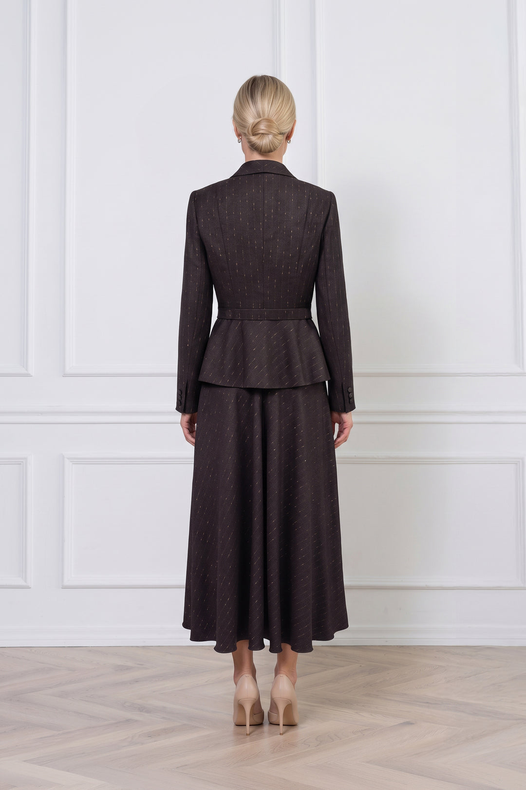 MAGNOLIA CHOCOLATE BROWN PINSTRIPE WOOL PEPLUM JACKET WITH BELT