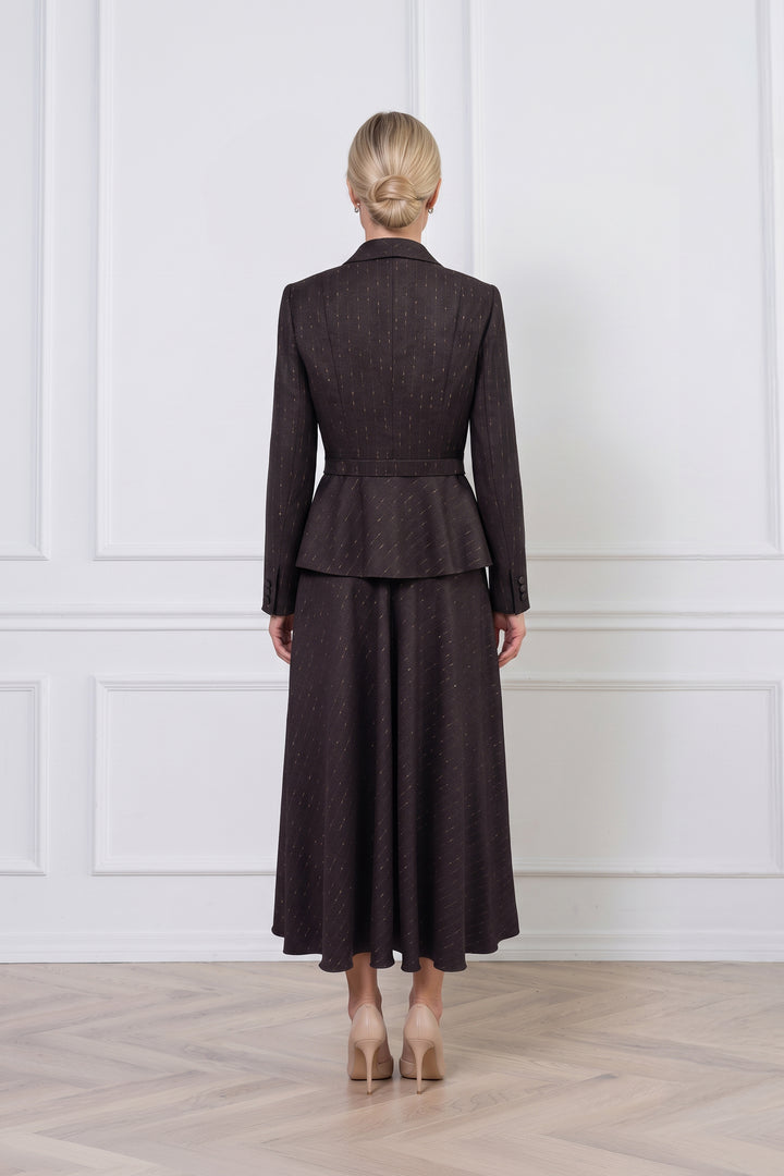 MAGNOLIA CHOCOLATE BROWN PINSTRIPE WOOL PEPLUM JACKET WITH BELT