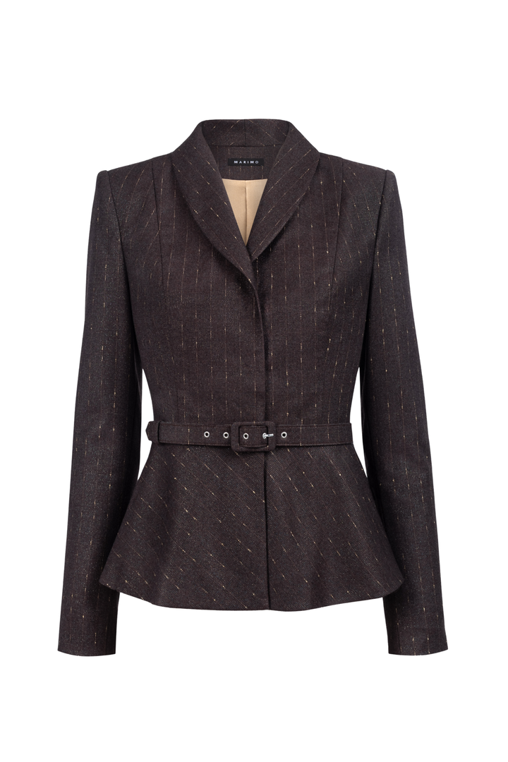 MAGNOLIA CHOCOLATE BROWN PINSTRIPE WOOL PEPLUM JACKET WITH BELT
