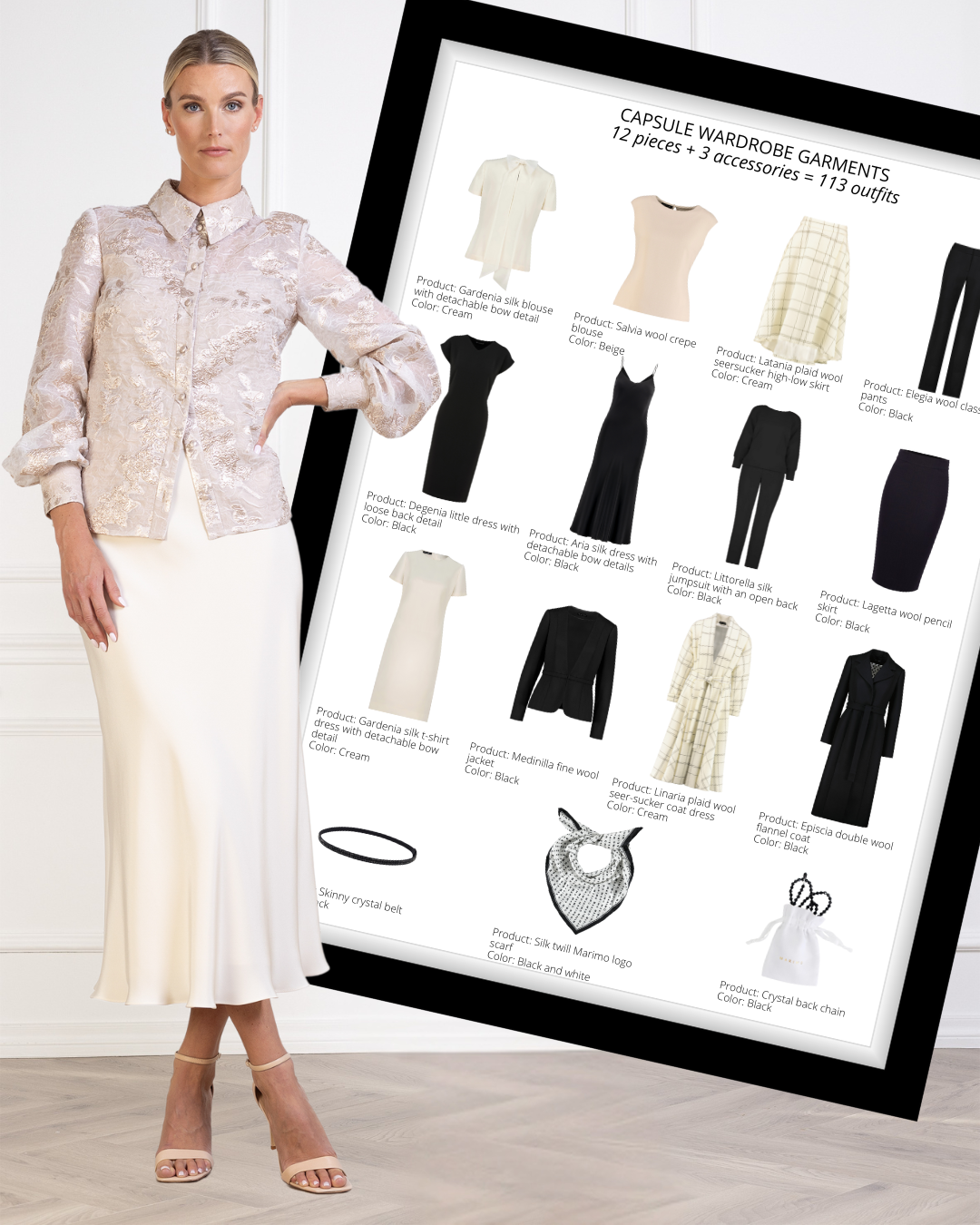 Woman in a white outfit standing next to a capsule wardrobe chart on a white background