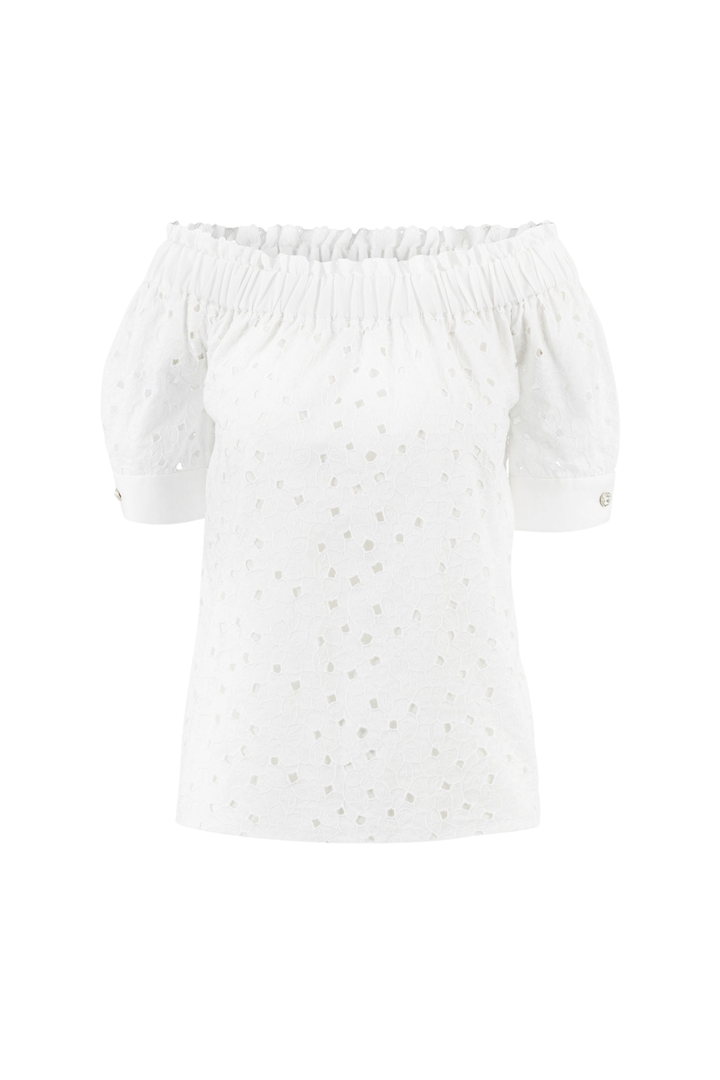 CENTELLA WHITE FLORAL BRODERIE ANGLAISE COTTON-POPLIN OFF-SHOULDER BLOUSE