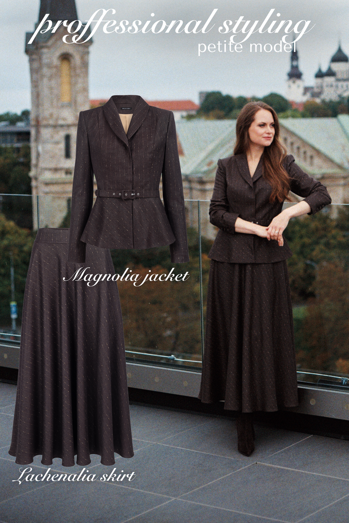 MAGNOLIA CHOCOLATE BROWN PINSTRIPE WOOL PEPLUM JACKET WITH BELT
