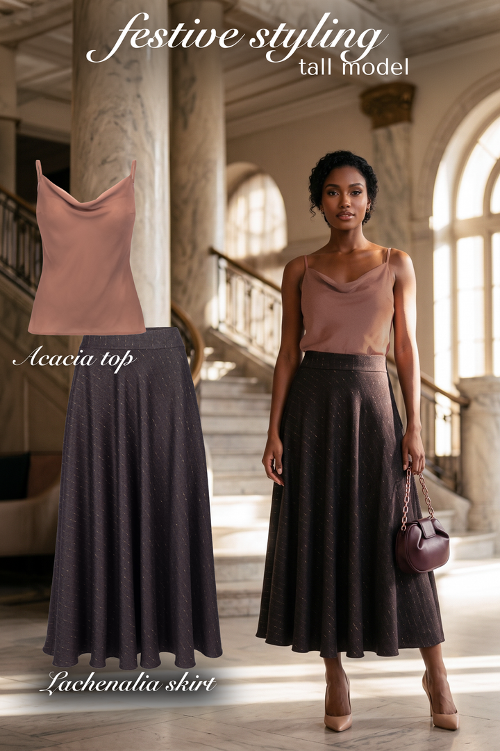 LACHENALIA CHOCOLATE BROWN PINSTRIPE WOOL A-LINE MIDI SKIRT