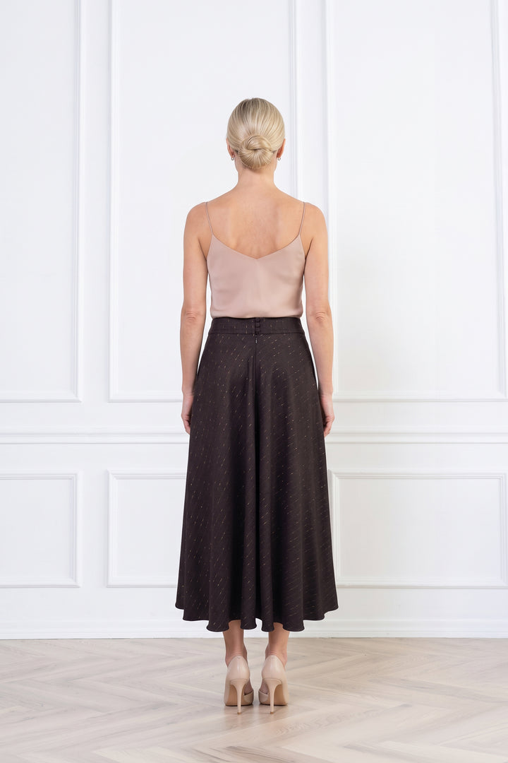LACHENALIA CHOCOLATE BROWN PINSTRIPE WOOL A-LINE MIDI SKIRT