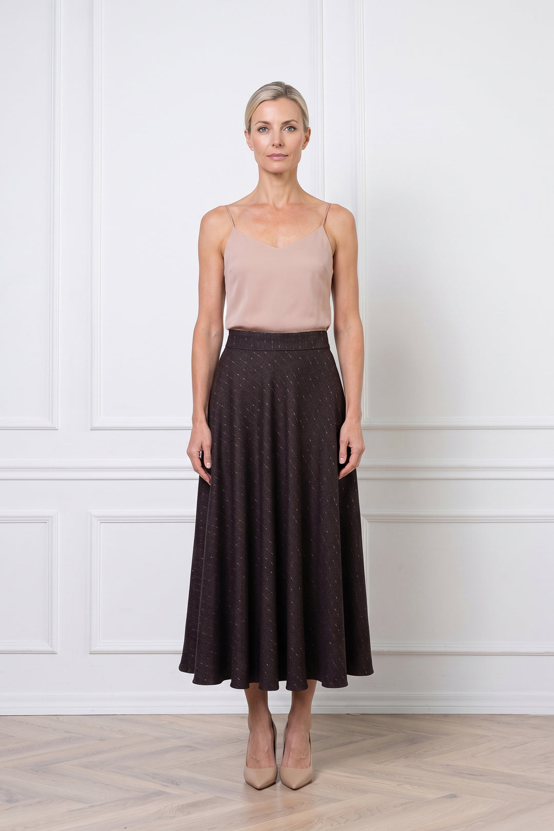 LACHENALIA CHOCOLATE BROWN PINSTRIPE WOOL A-LINE MIDI SKIRT