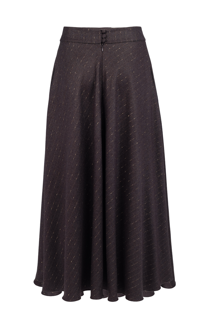 LACHENALIA CHOCOLATE BROWN PINSTRIPE WOOL A-LINE MIDI SKIRT