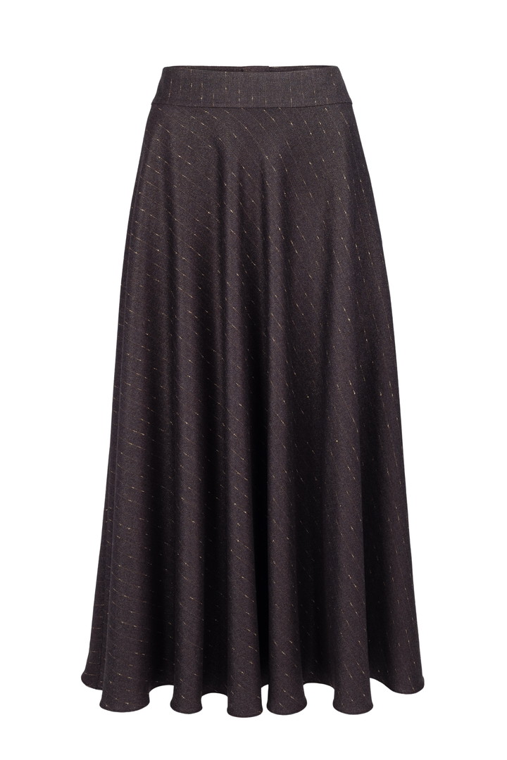 LACHENALIA CHOCOLATE BROWN PINSTRIPE WOOL A-LINE MIDI SKIRT