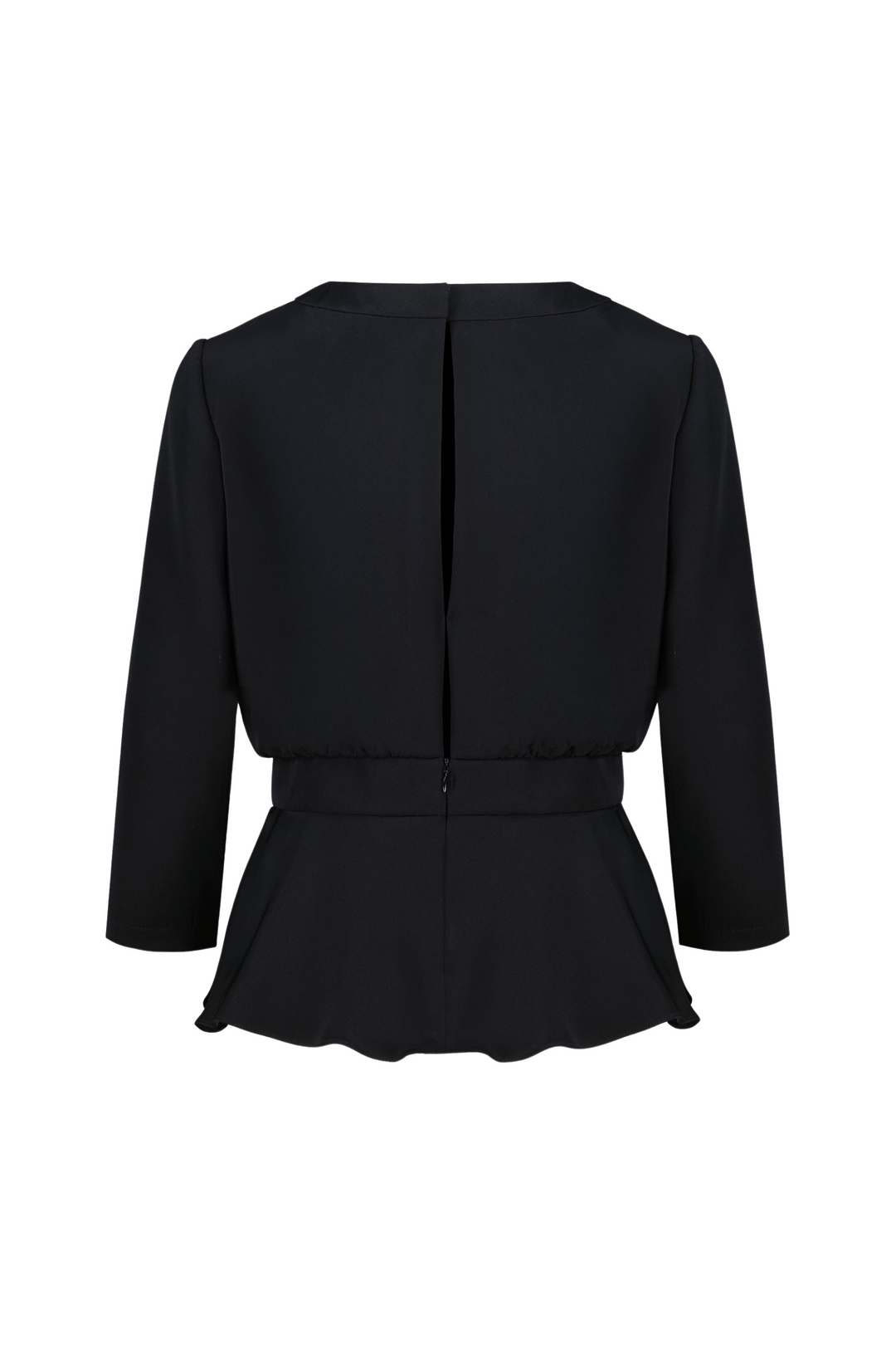 CLUSIA BLACK SILK PEPLUM TOP WITH DRAPED NECKLINE DETAIL