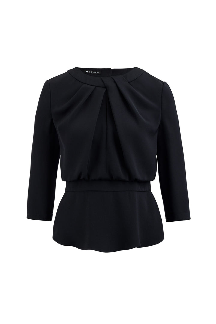 CLUSIA BLACK SILK PEPLUM TOP WITH DRAPED NECKLINE DETAIL