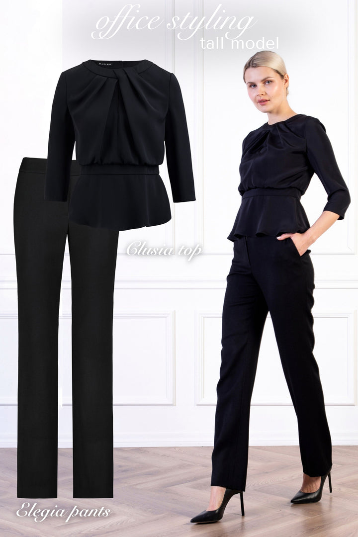 CLUSIA BLACK SILK PEPLUM TOP WITH DRAPED NECKLINE DETAIL