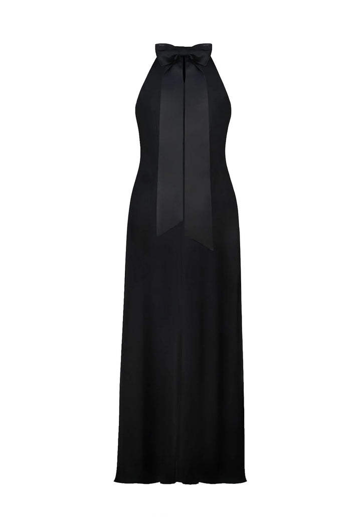 CLUSIANA BLACK SILK HALTER NECK MIDI DRESS WITH BOW DETAIL