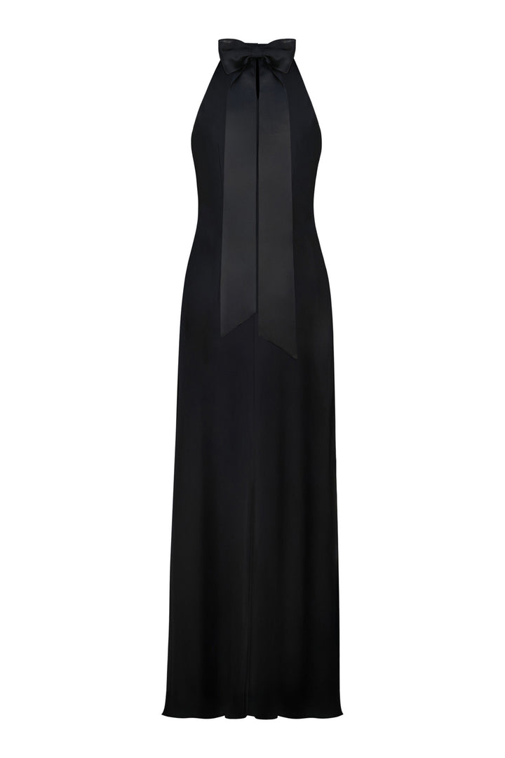 CLUSIANA BLACK SILK HALTER NECK SLIP DRESS WITH BOW DETAIL