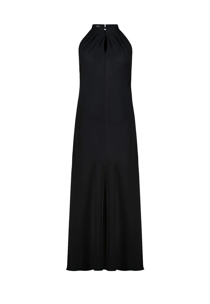 CLUSIANA BLACK SILK HALTER NECK MIDI DRESS WITH BOW DETAIL