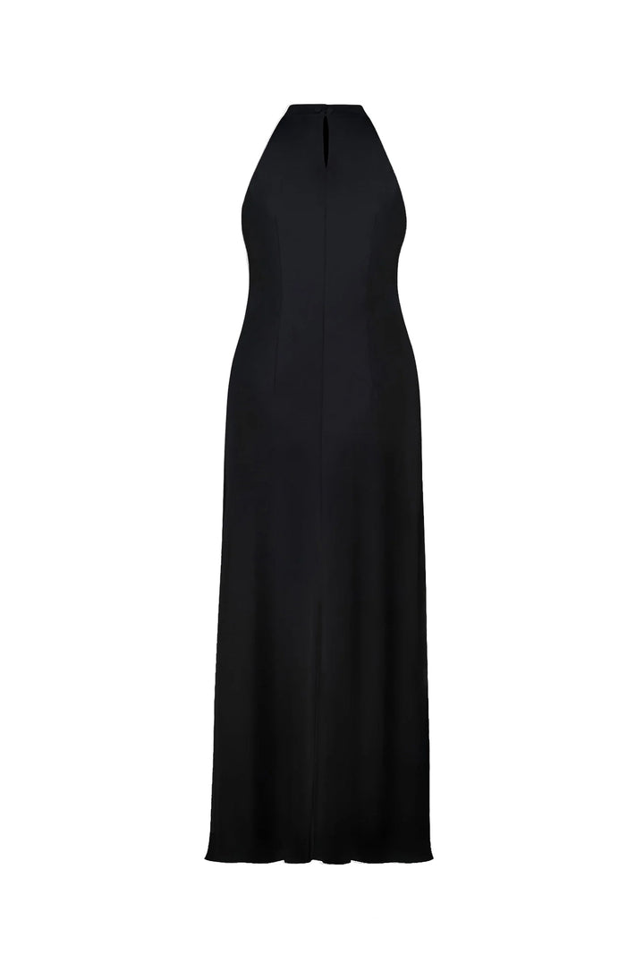 CLUSIANA BLACK SILK HALTER NECK MIDI DRESS WITH BOW DETAIL